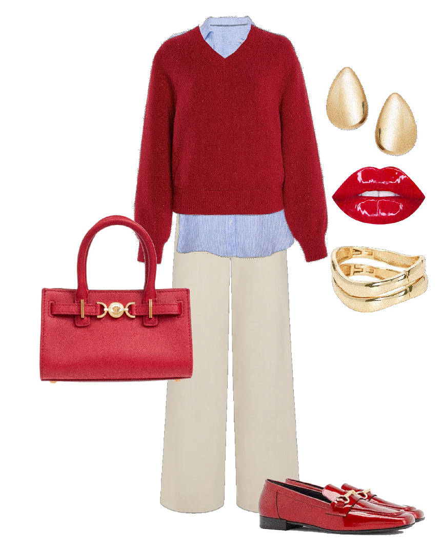 red flar loafers with red sweater and beige pants