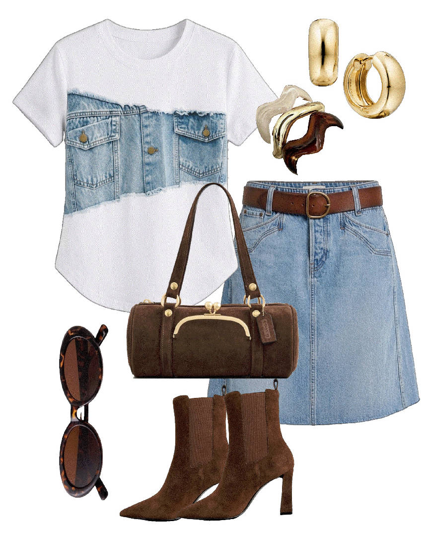 ankle boots and mini denim skirt