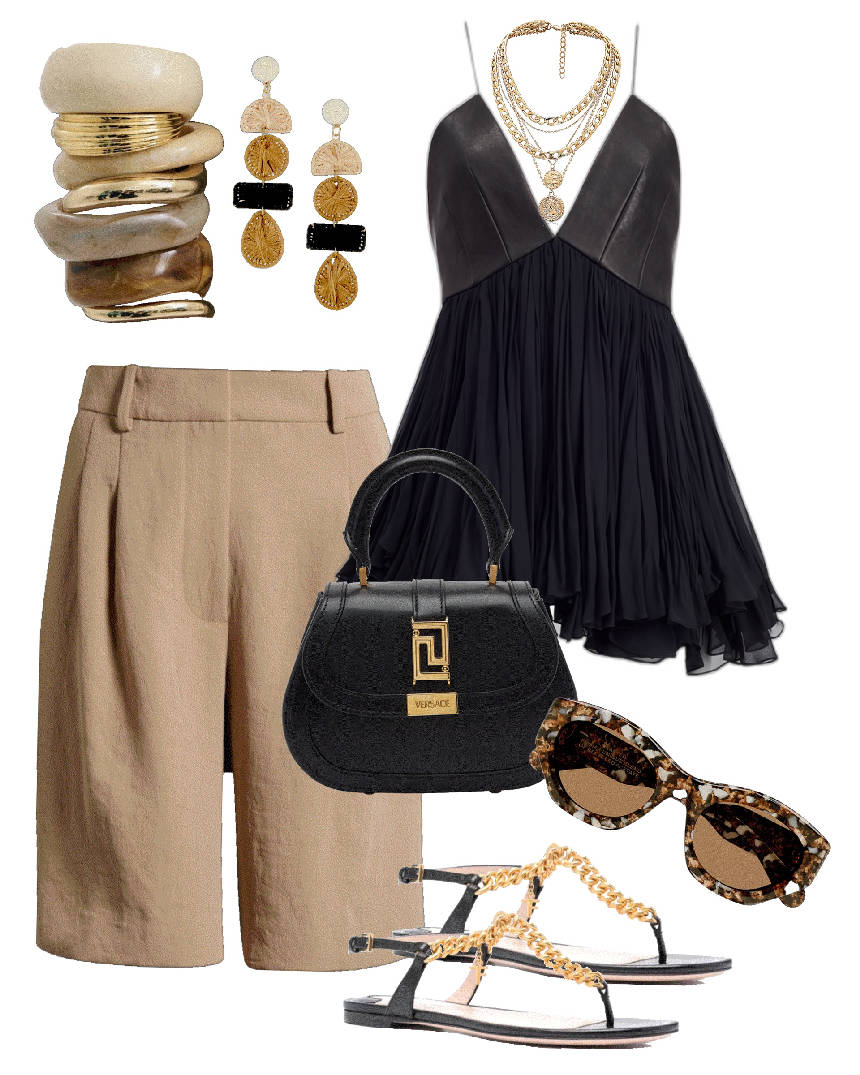 long shorts with black flowy top