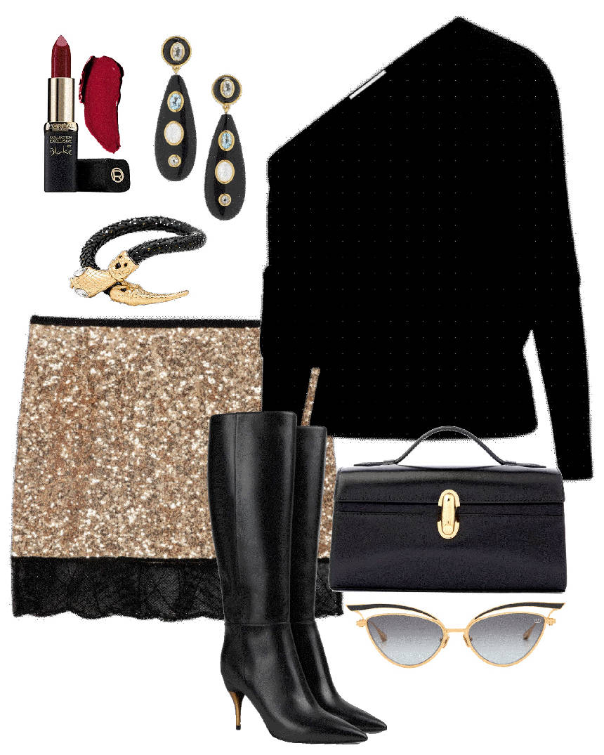 sequin mini skirt and black boots