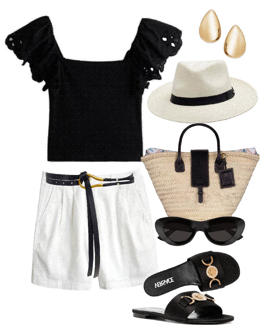 white shorts and tota raffia bag