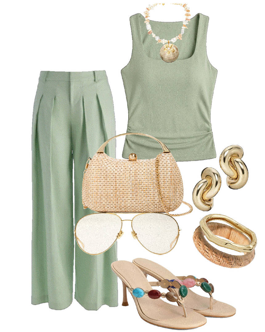lightweight matching set in green and sandals