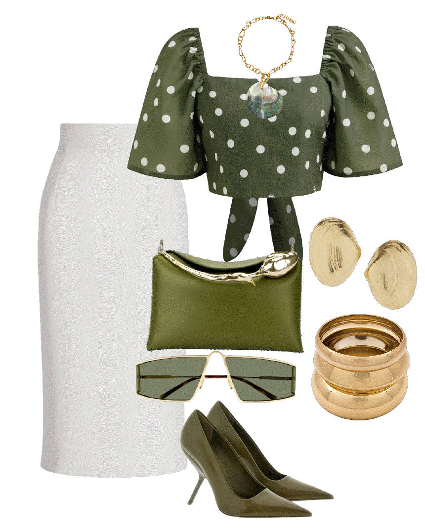 green belted top styled with beige pants
