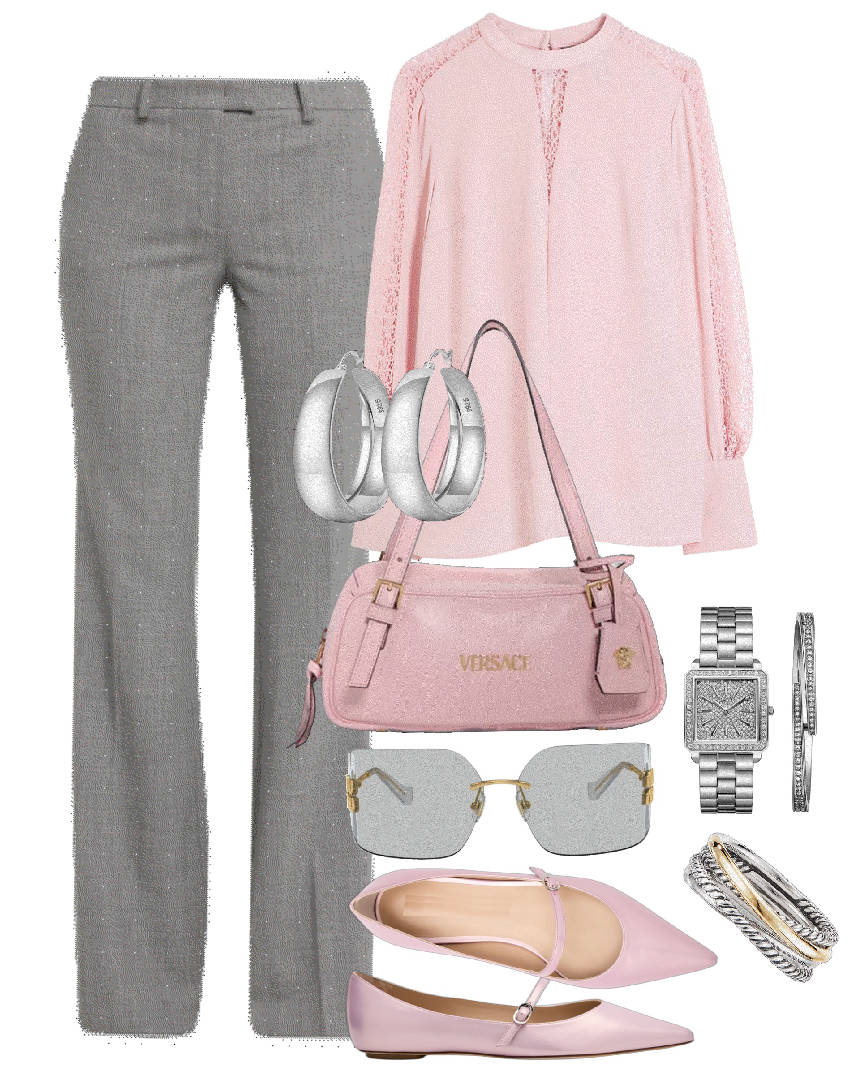 pale pink with work gray pants and pale pink blouse