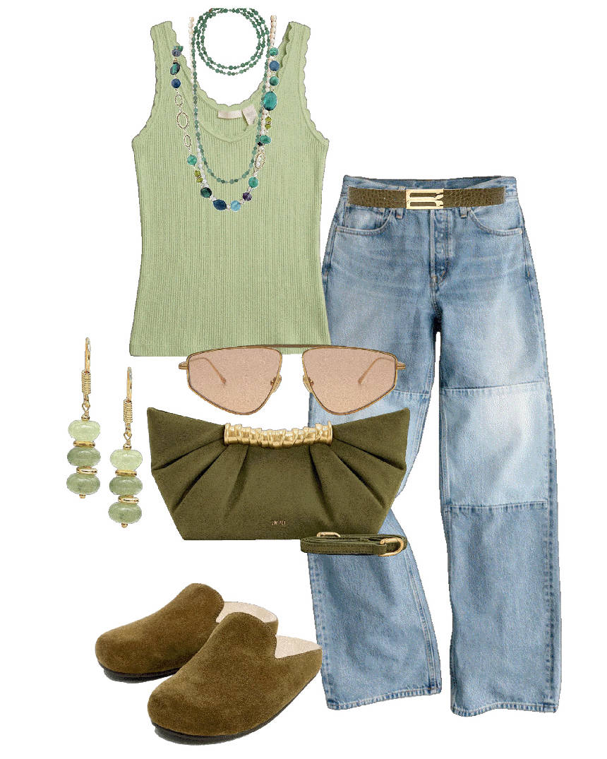 casual suede clogs and jeans