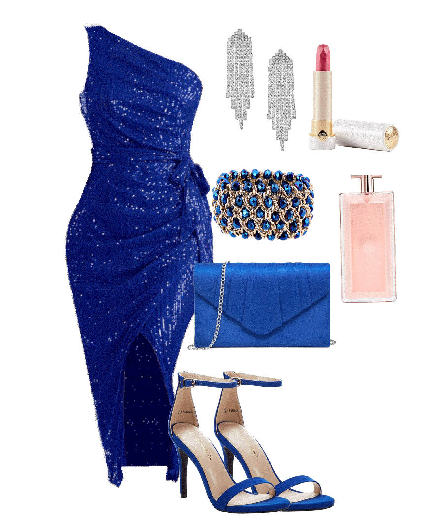 blue evening cocktail dress outfit