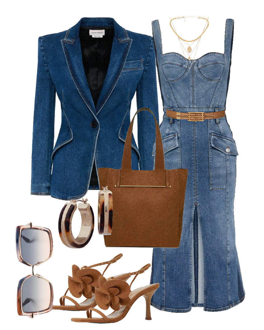 denim on denim dress with floral sandals