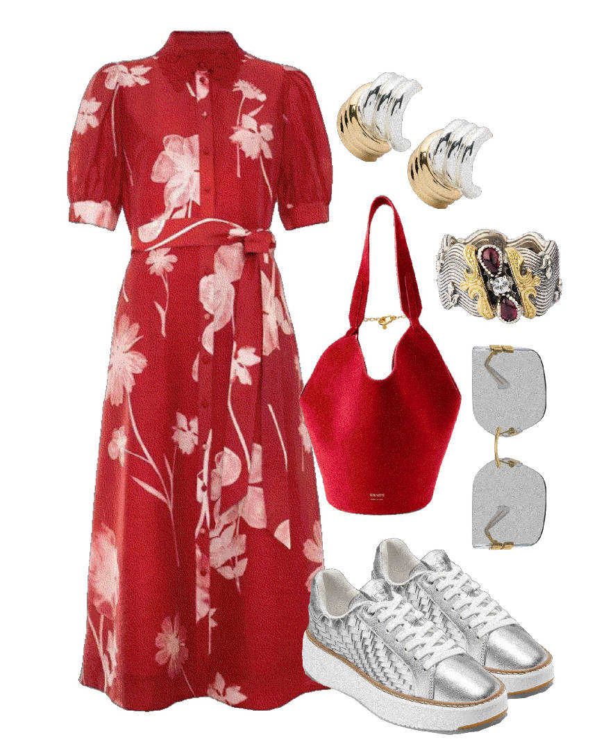 floral dress and chunky sneakers