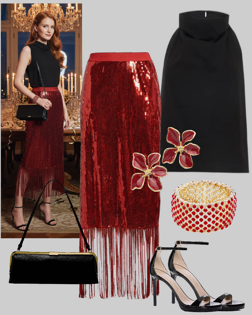 sequin fringe skirt outfit