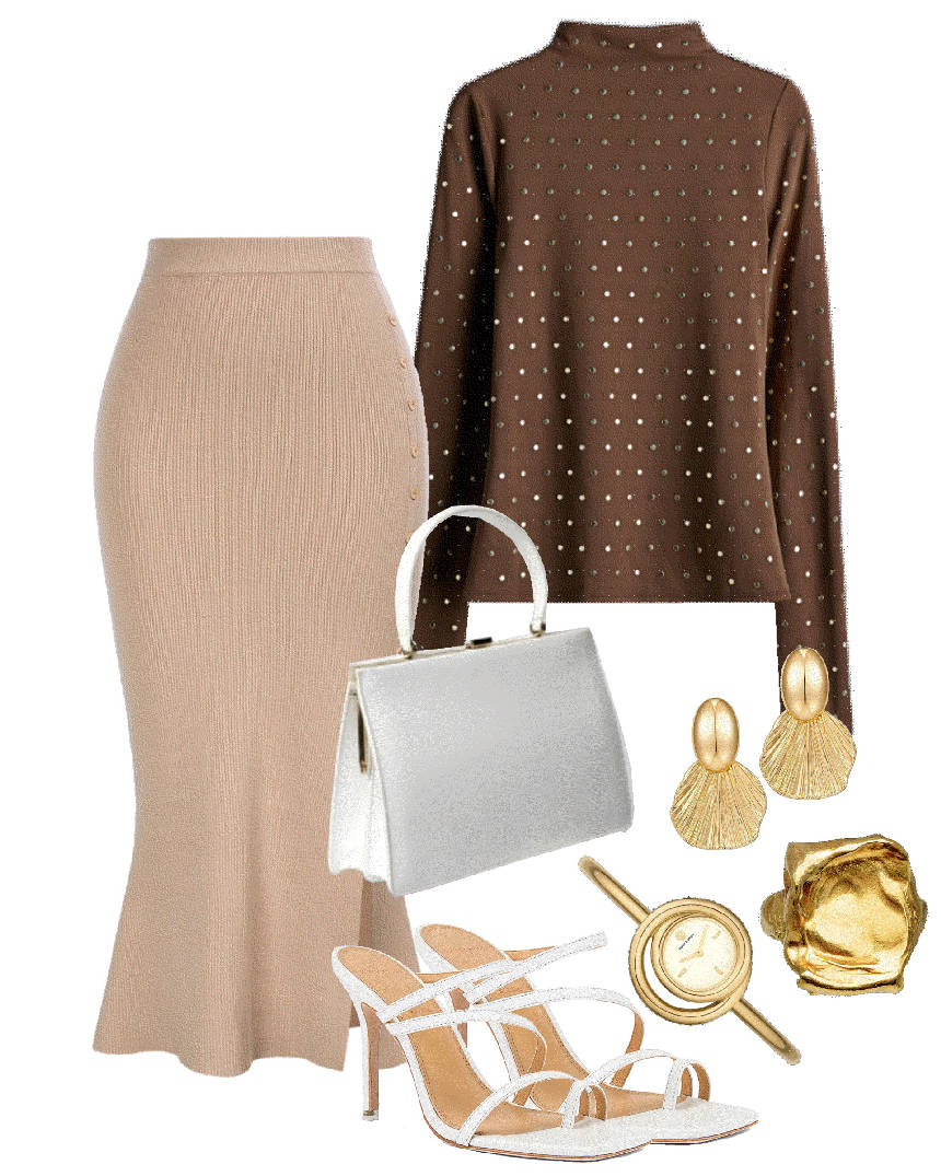 siren skirt and polka dot brown top