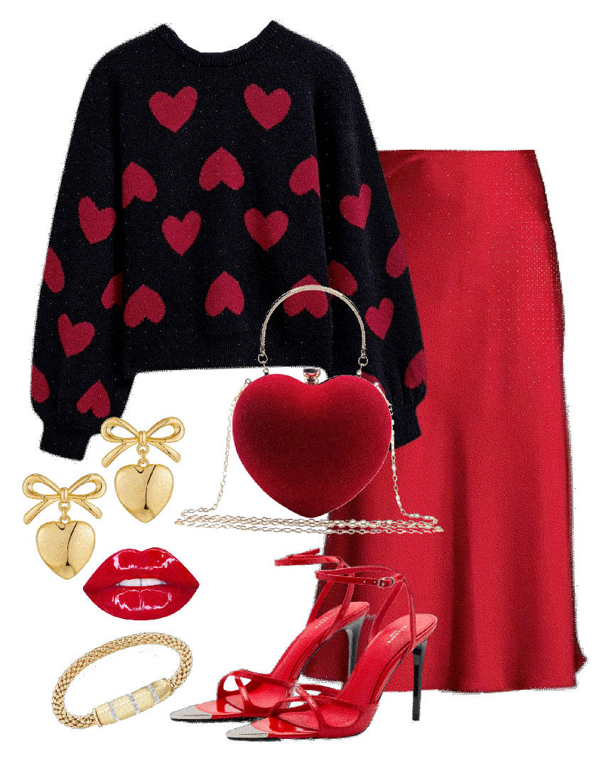 satin skirt and heart cozy sweater
