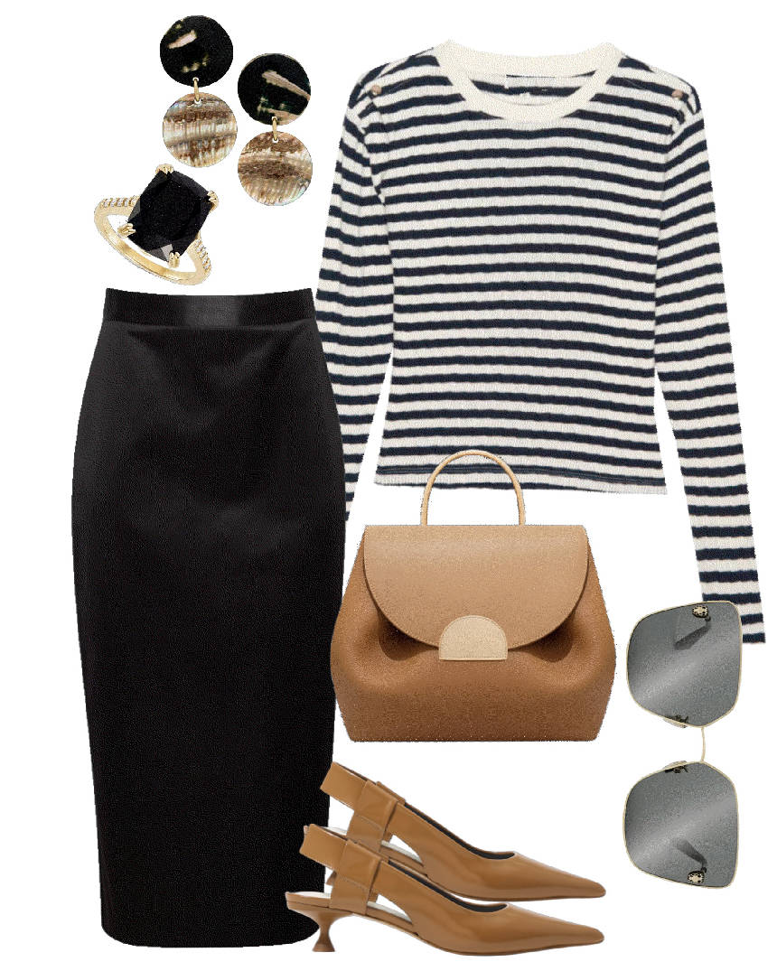 camel kitten heel pointed toe and pencil skirt