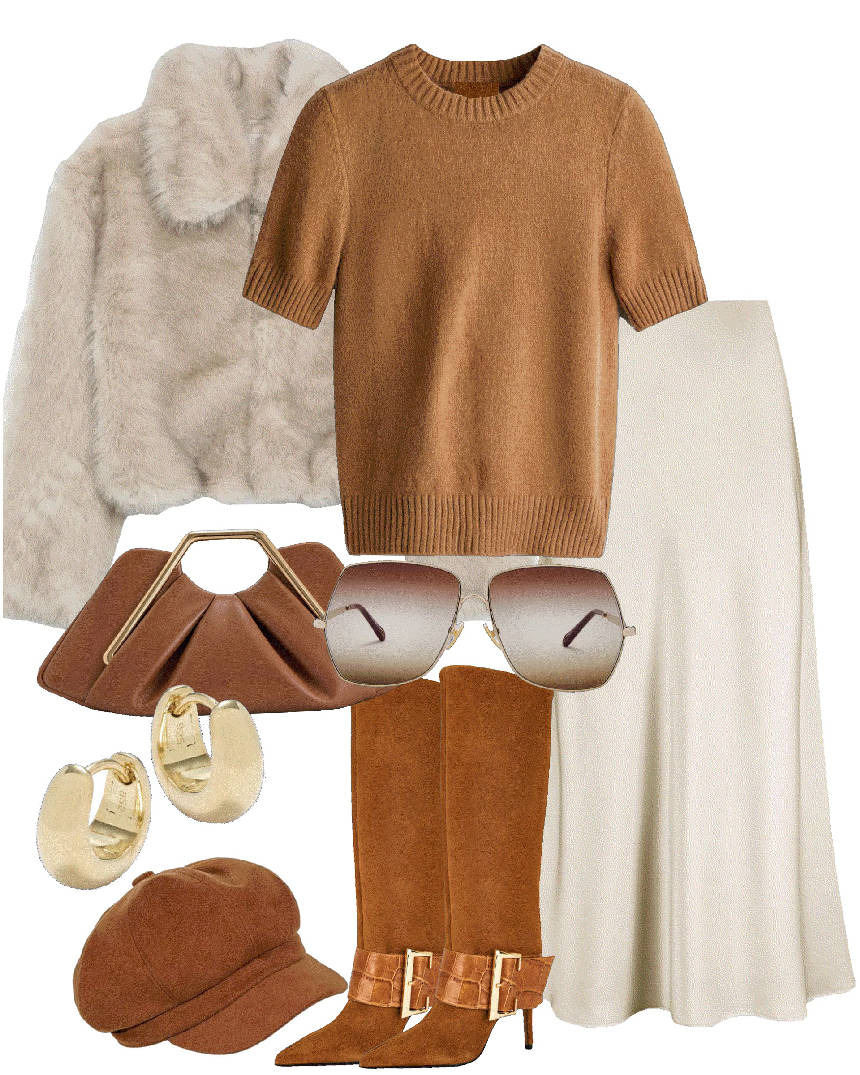 satin midi skirt and camel sweater top