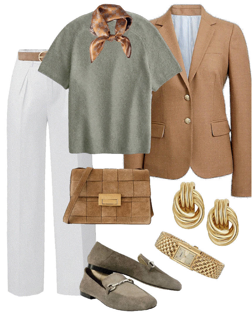 white straight leg pants green tee and blazer with loafers