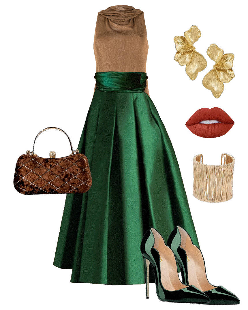 mocha brown top and maxi green skirt
