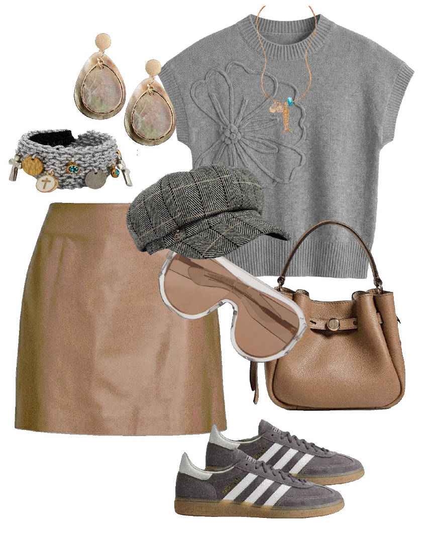 grey mini skirt and sneakers