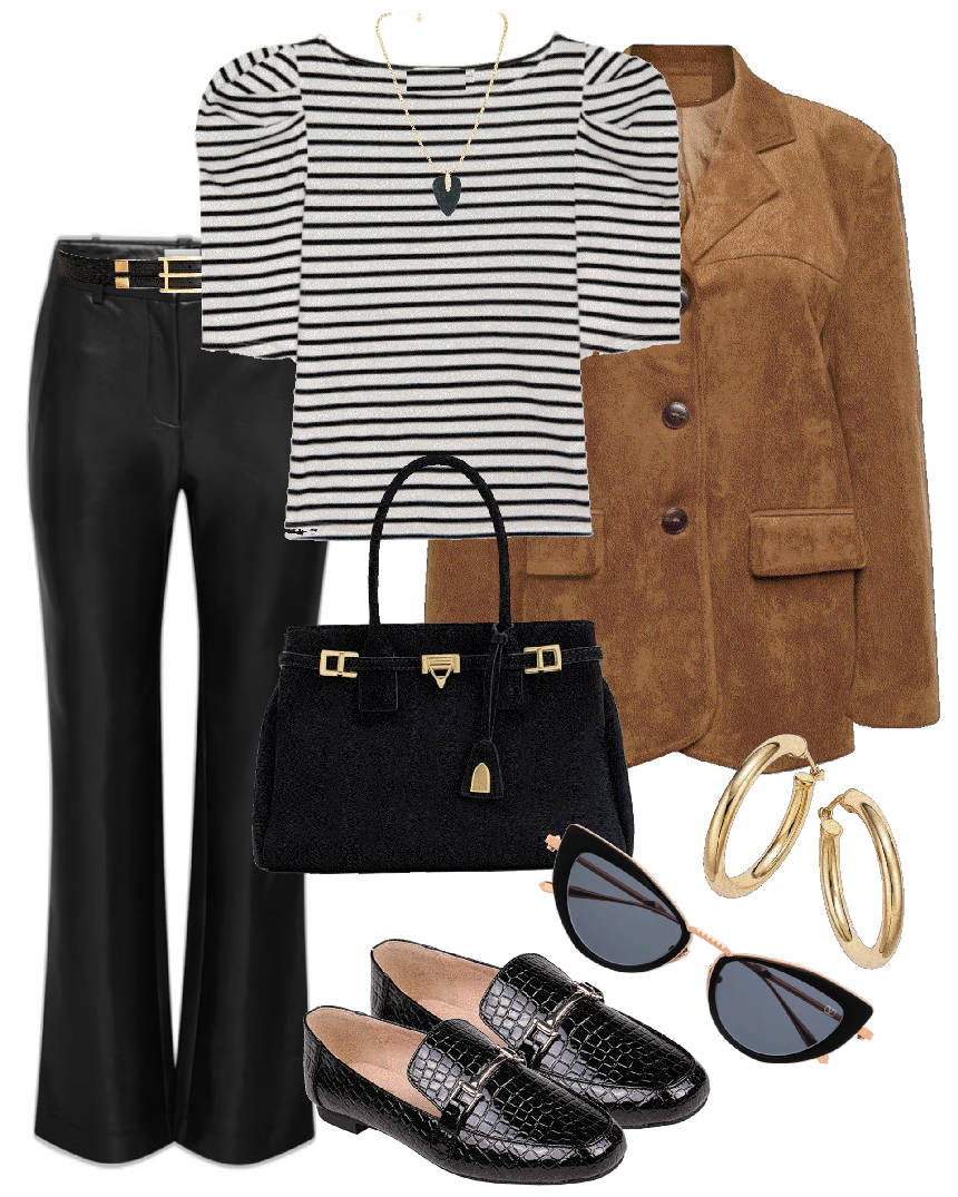 black vegan leahter pants and black loafers