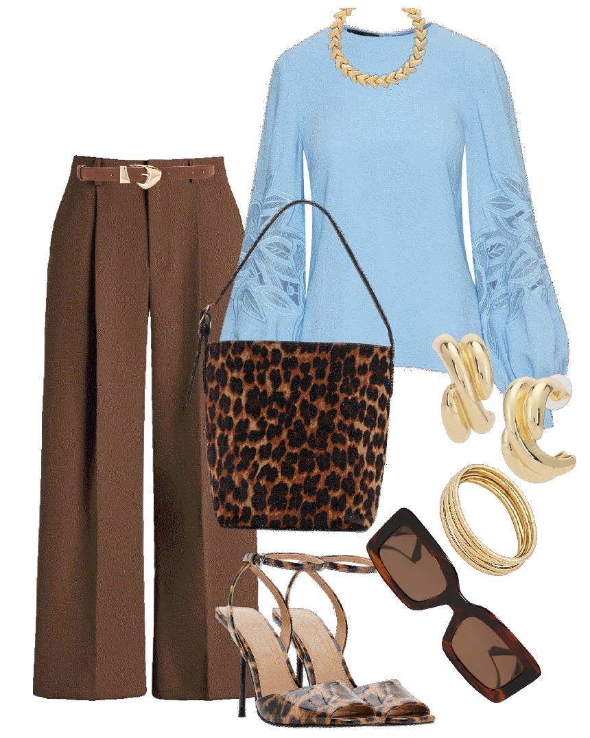 brown pants and blue top
