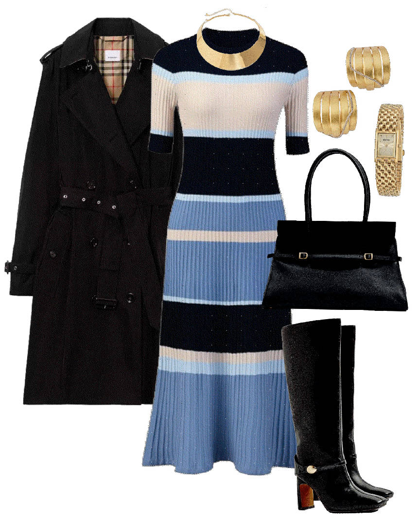 stripes dress with trench coat and nlack boots