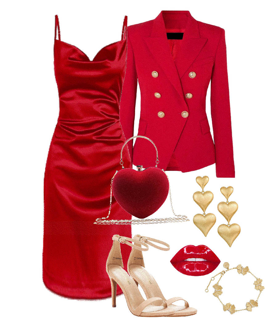 red slip dress with structure blazer