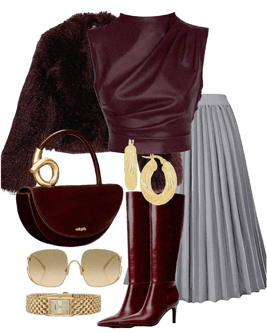 burgundy boots and topwith gray skirt