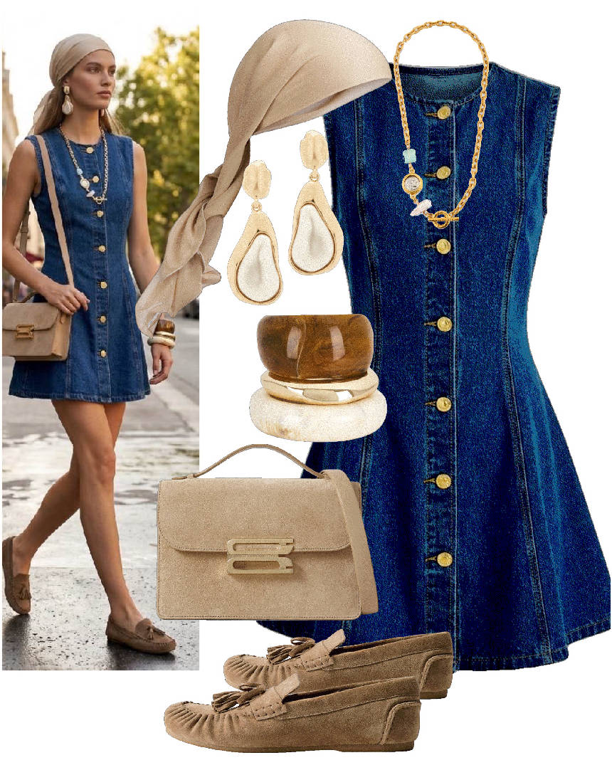mini denim dress and loafers