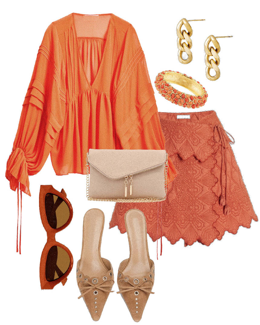 orange blouse and mini skirt