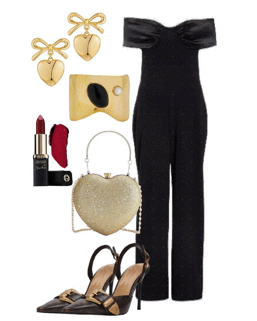 black jumpsuit style with pumps and gold accessories