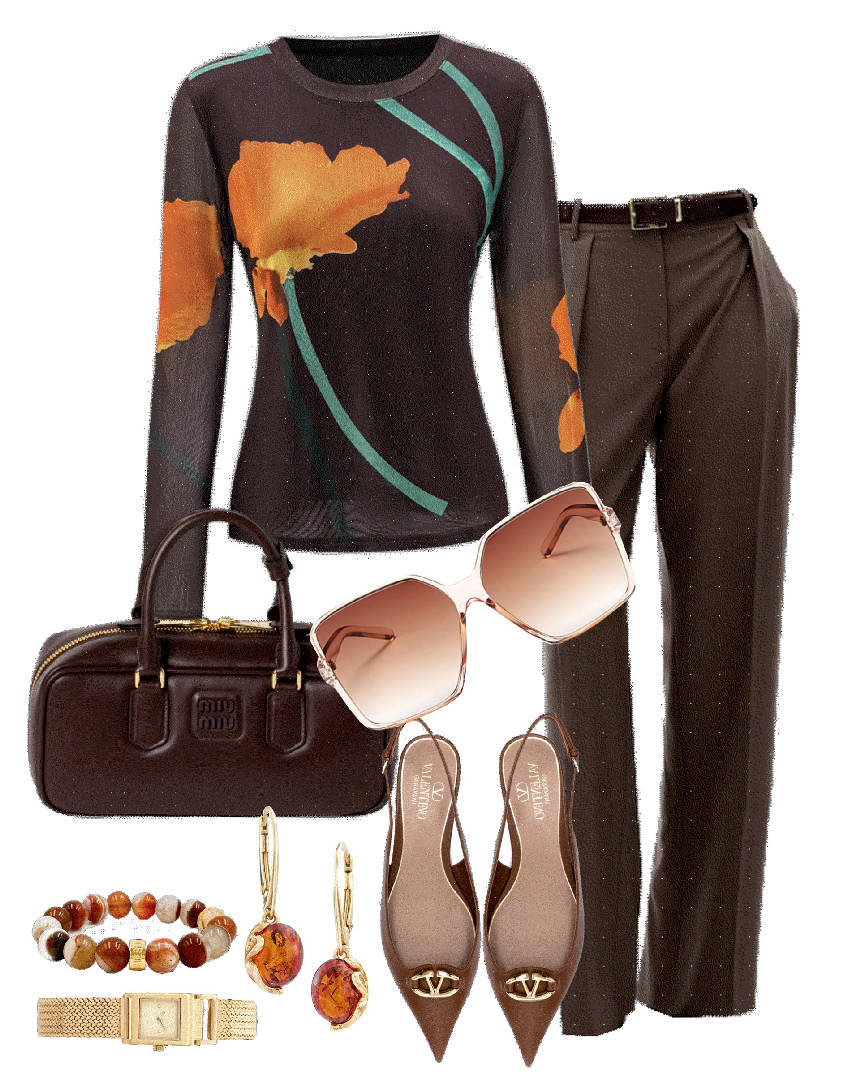 valentino kitten heel with brown pants and floral top