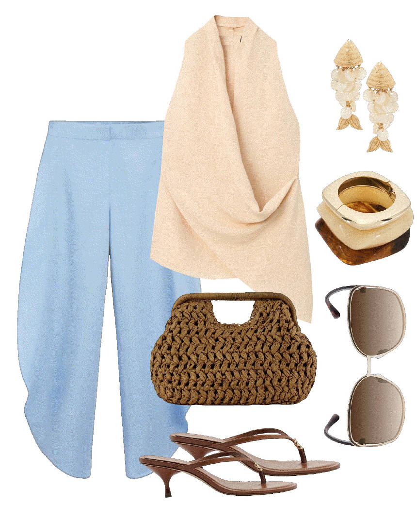flip flop brown sandals and linen pants