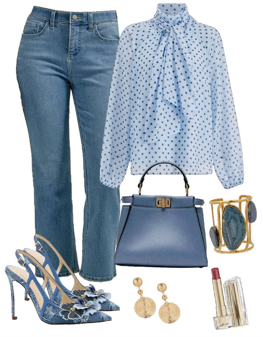 polka dot blouse and jeans for an elevated jeans outfit