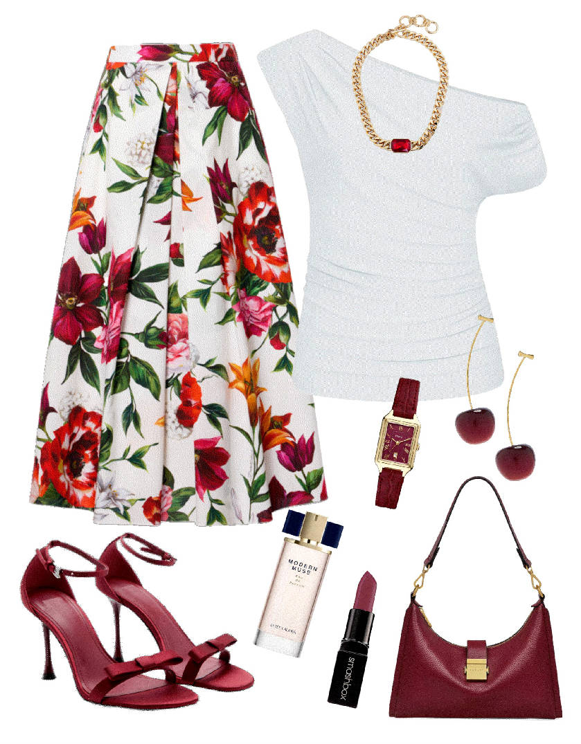floral pleated skirt red sandals for a night out