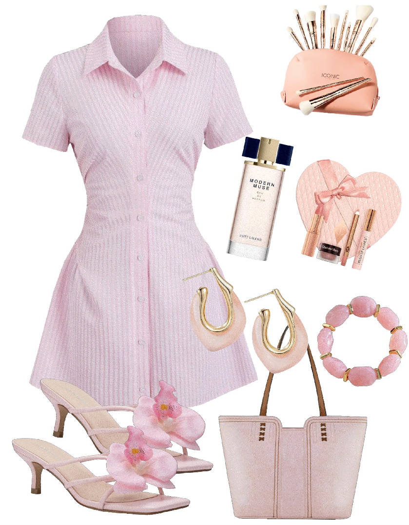 pink sandals and mini dress