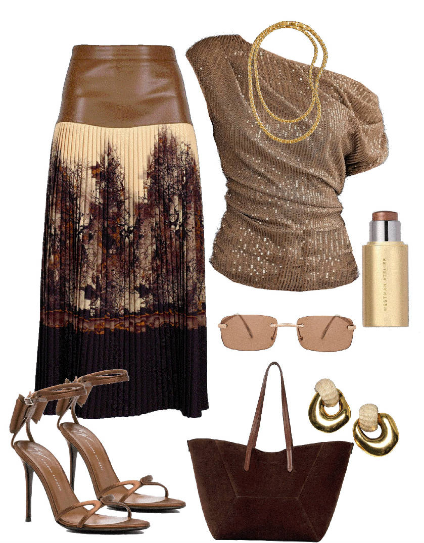 asymmetric shoulder top with midi skirt
