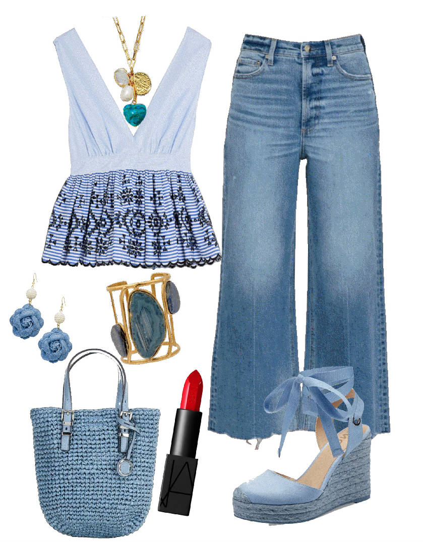 v-neck top with wide leg jeans