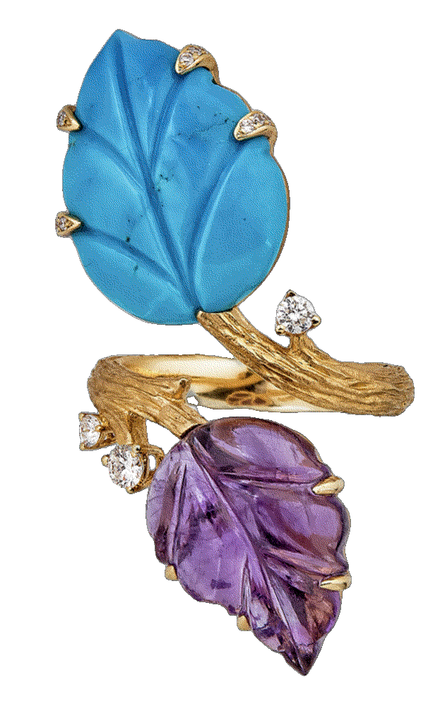 One of a kind 18k yellow gold amethyst, turquoise, diamond ring Piranesi