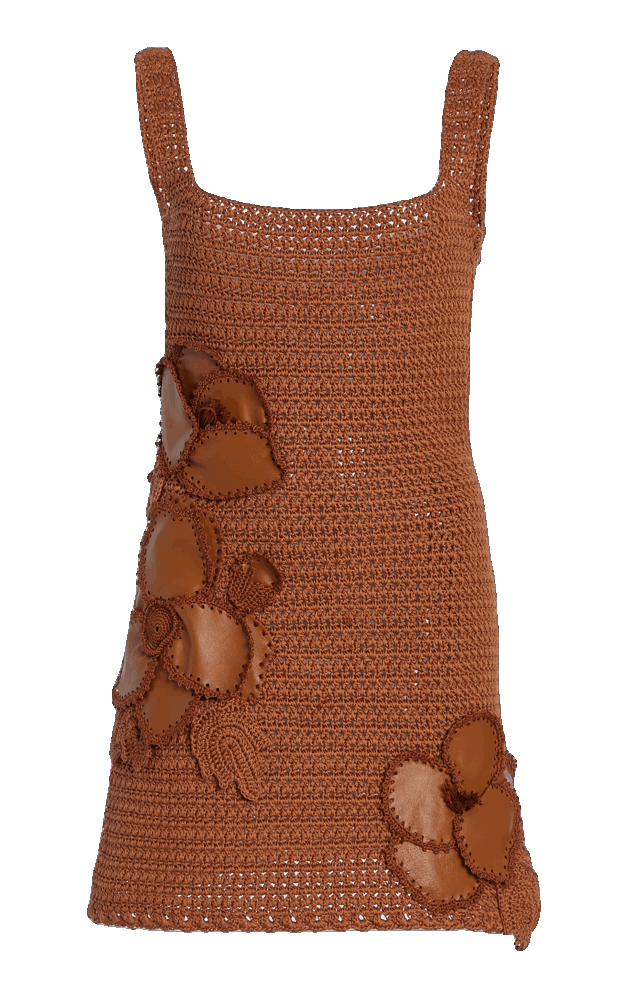 Leather-trimmed crocheted cotton mini dress Oscar De La Renta