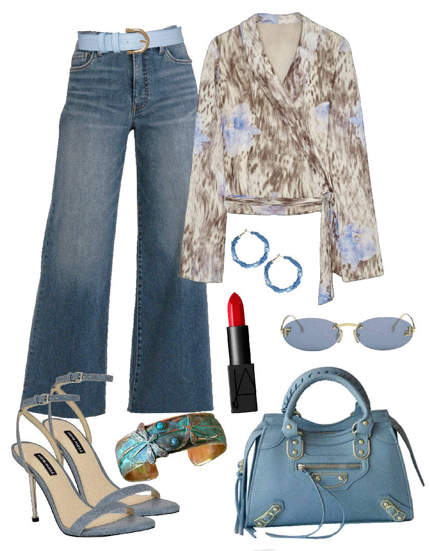 wrap top and belted jeans