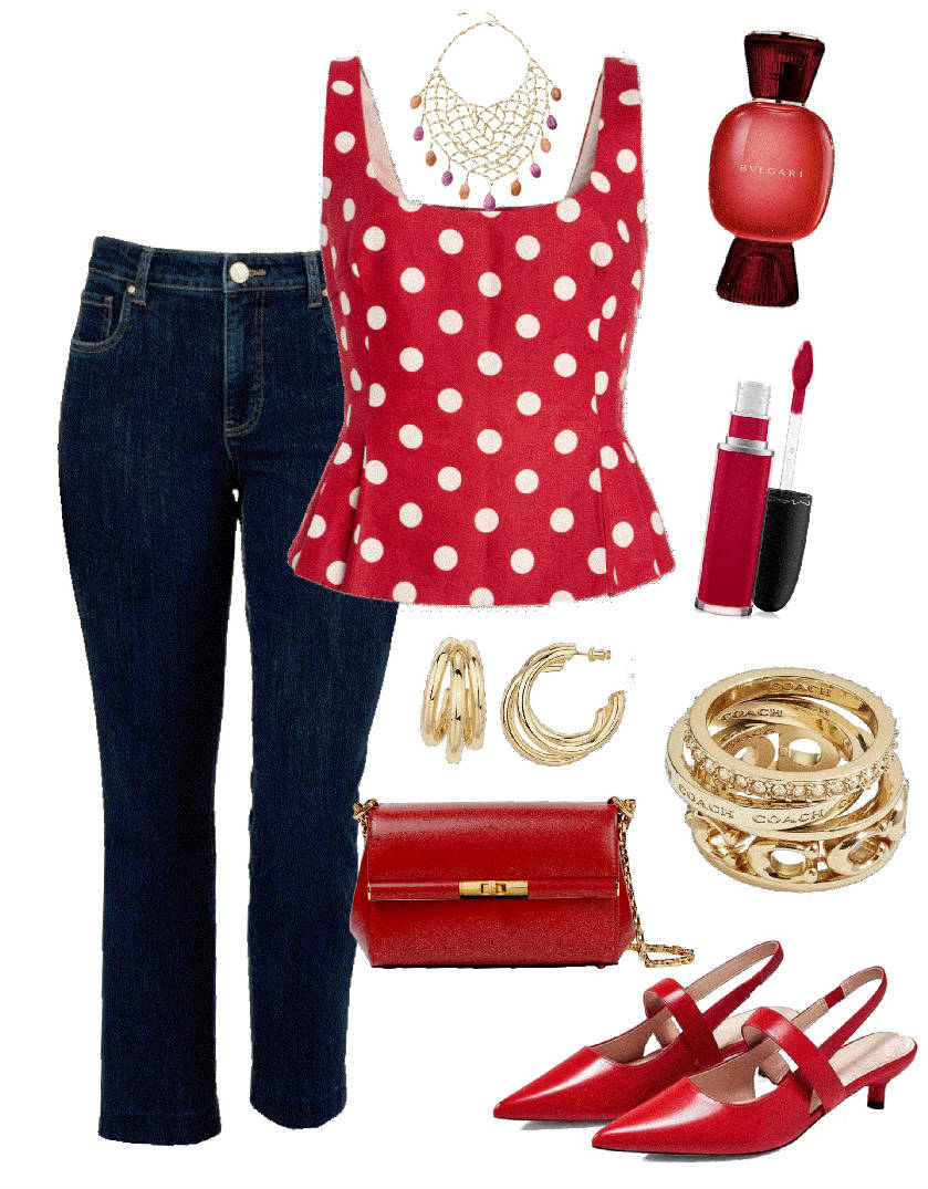 slim pants with polka dot square neck top