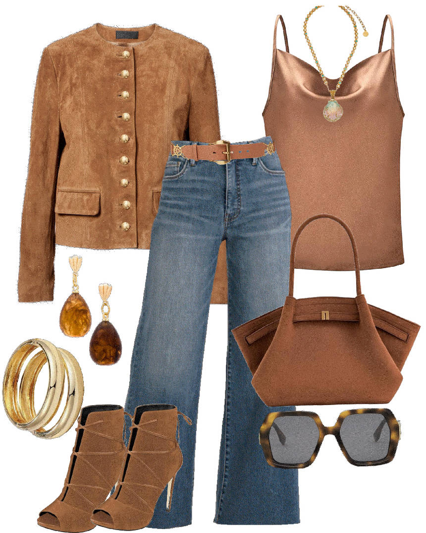 suede jacket and wide leg jeans