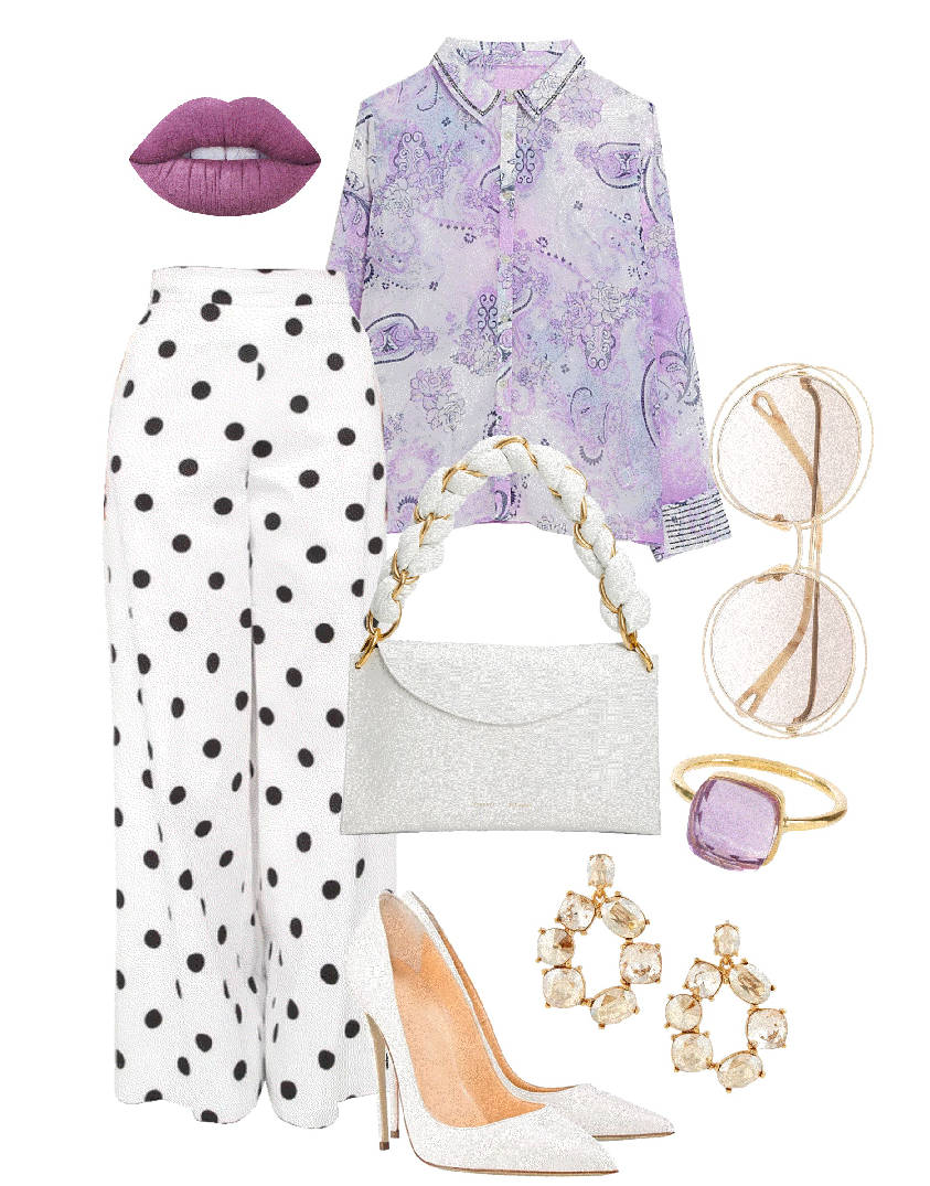 paisley print blouse over polka dot skirt