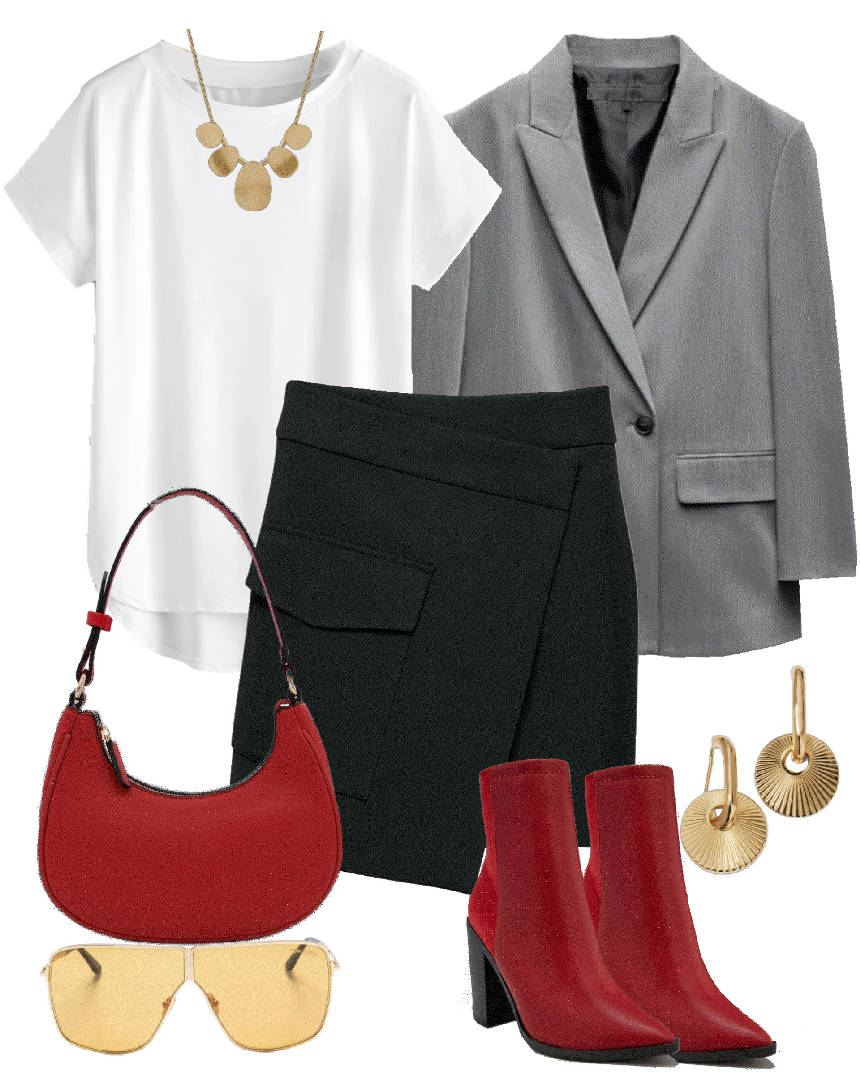 mini skirt with red booties and jacket