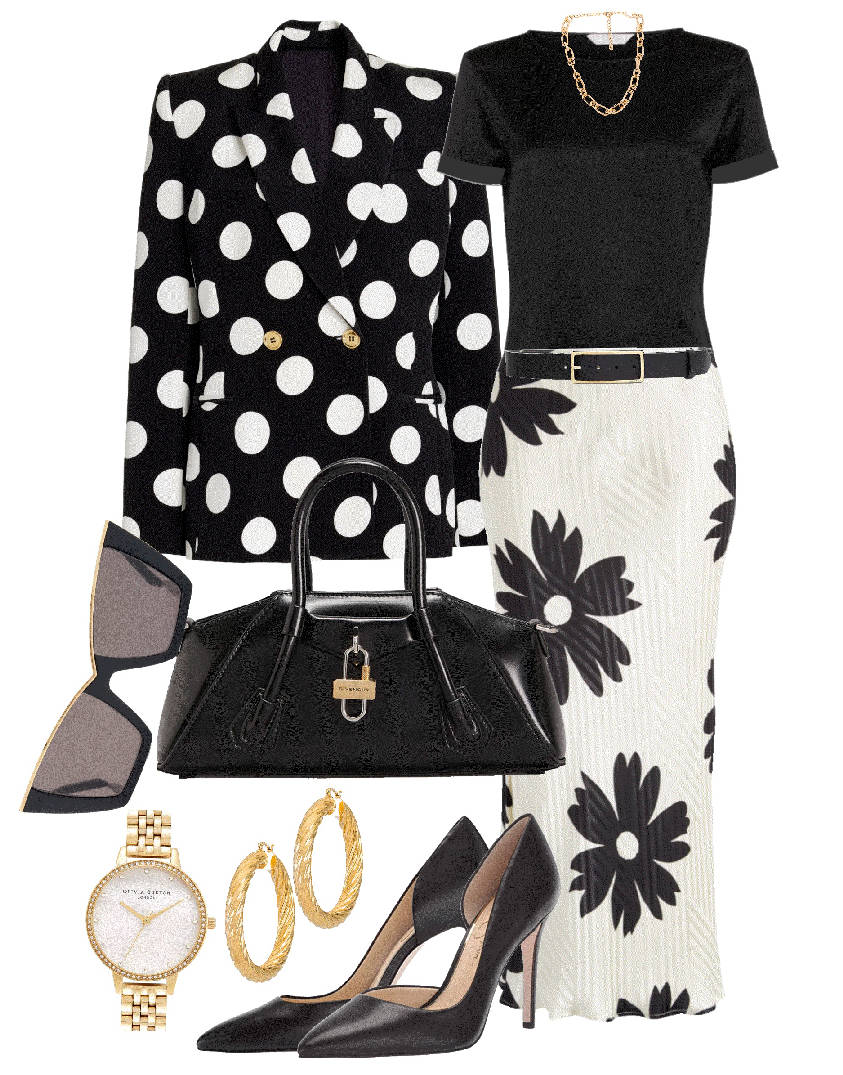 floral skirt with polka dot blazer