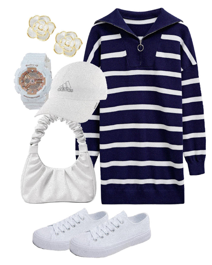 stripe sweater dress and sneakers