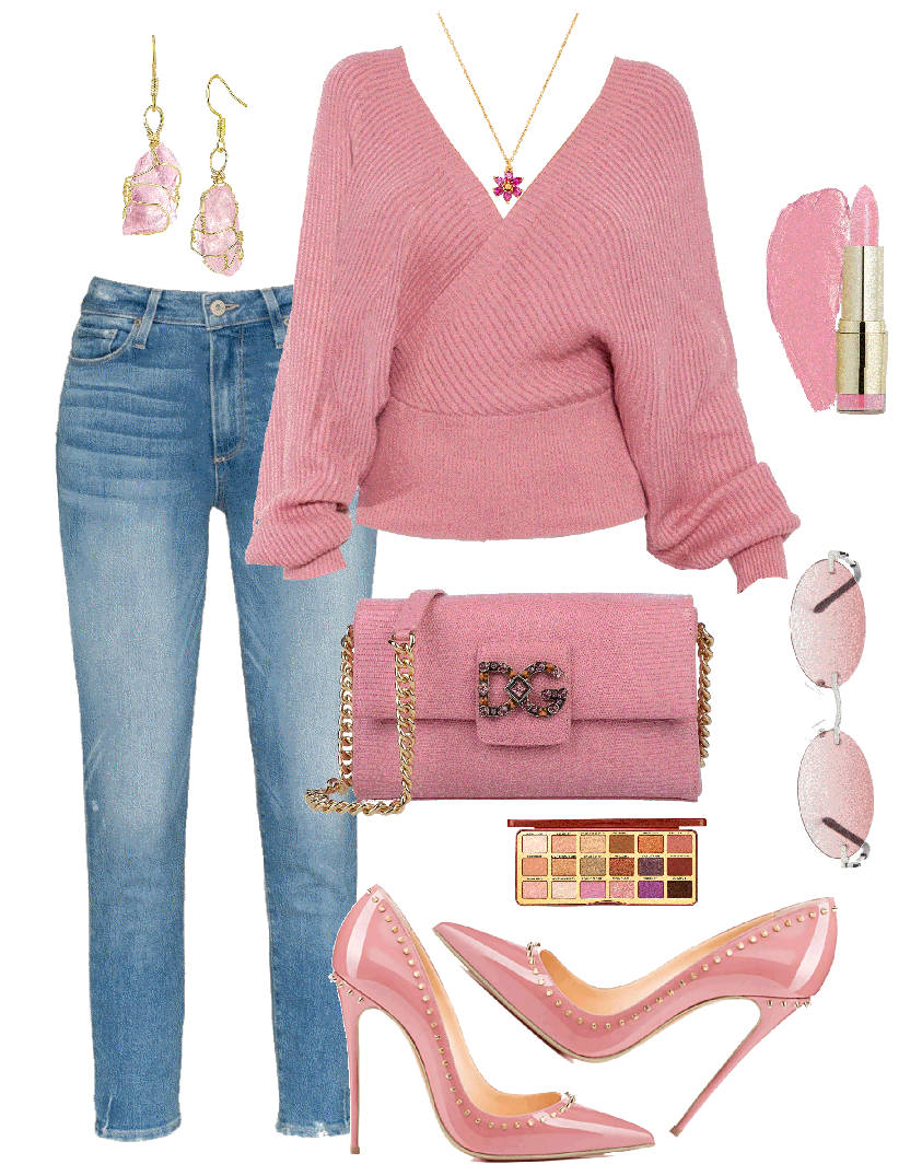 pink sweater and denim with sandals