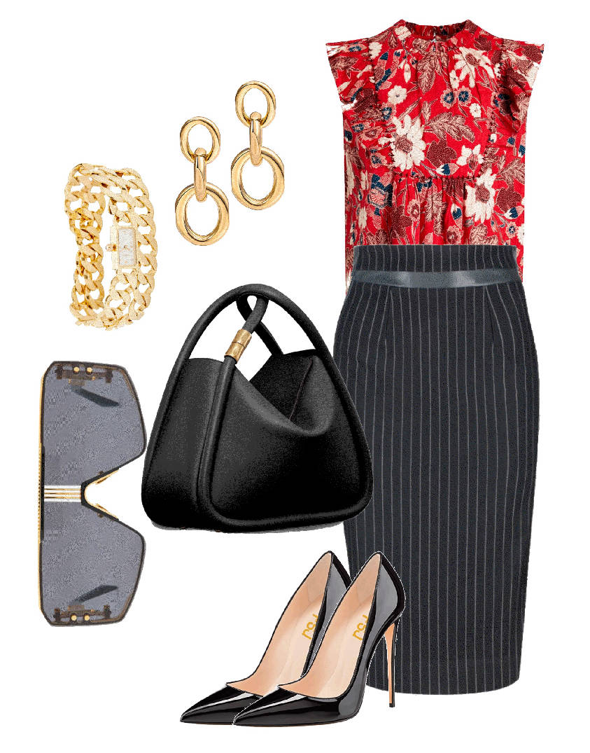 red floral top over stripe skirt