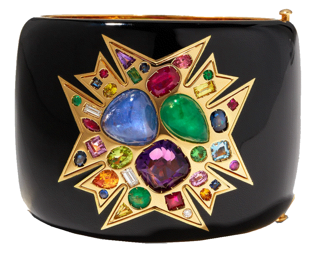 Theodora Black Enamel Multi-Stone Cross Cuff Verdura