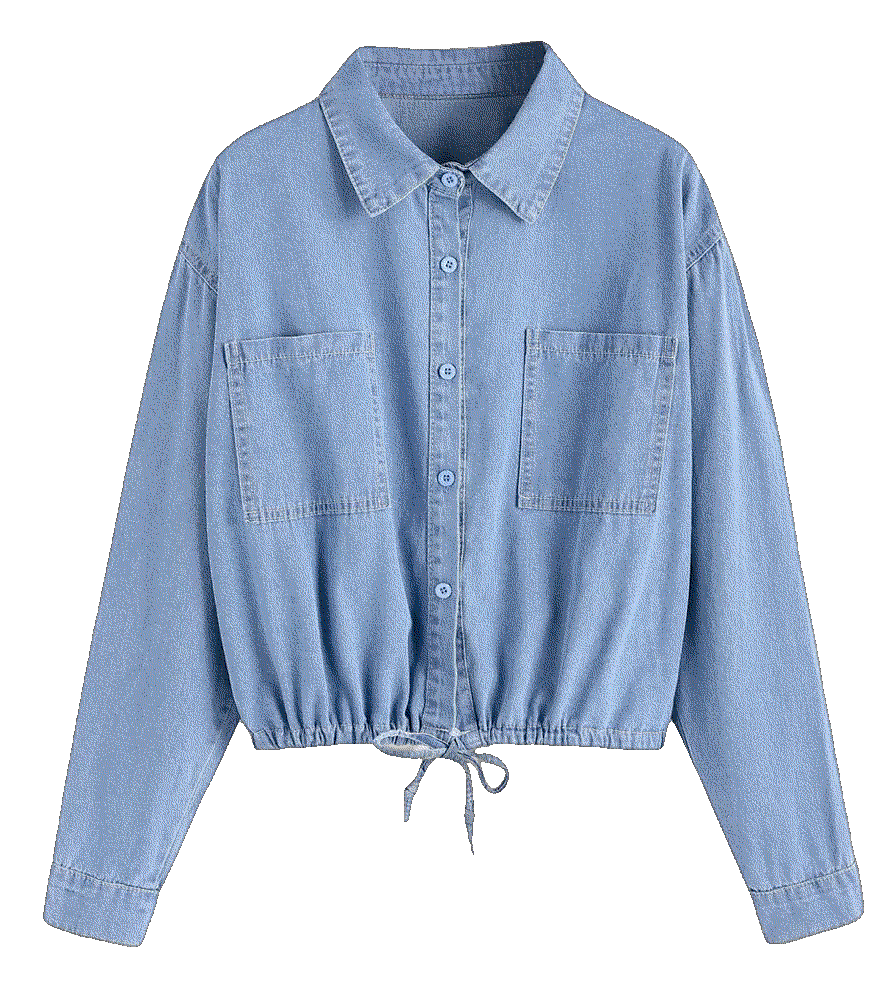 Roll up long sleeves solid color tie pocket denim shirt Zaful