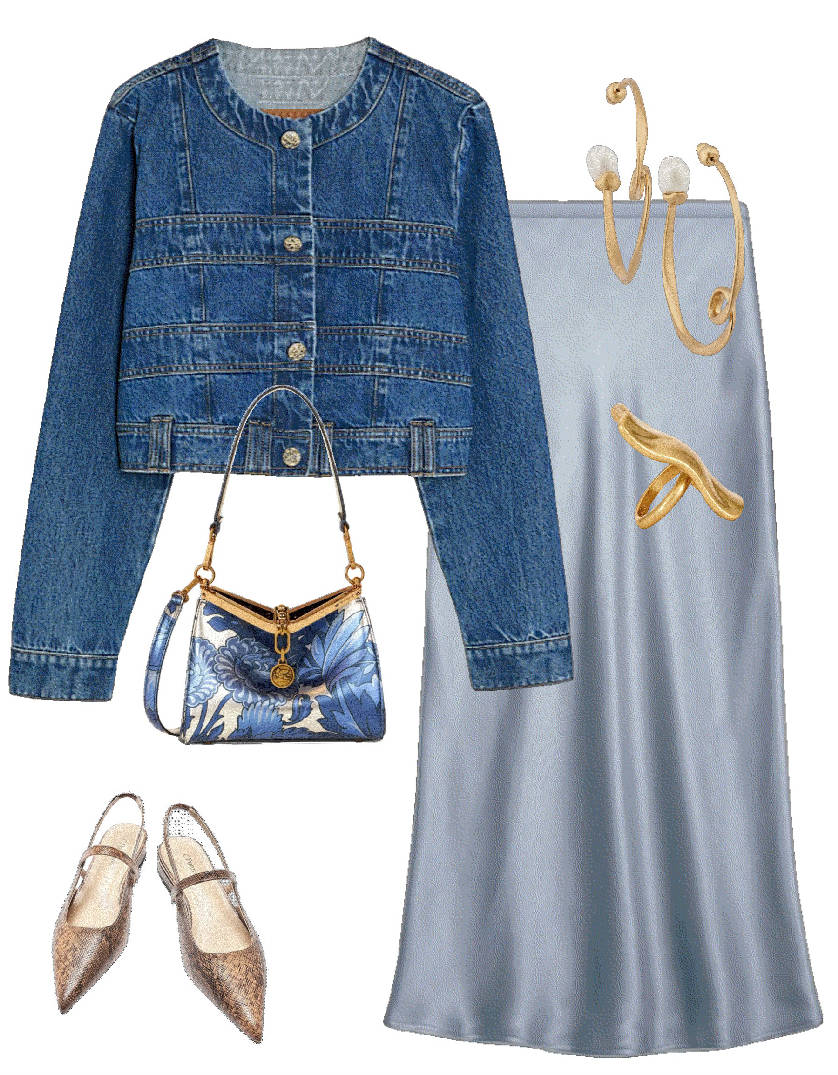denim jacket with satin skirt
