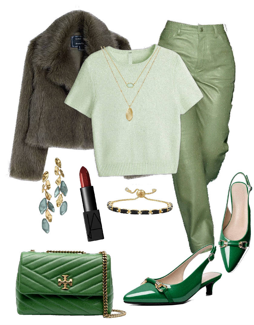 green kitten heel pumps and green pants